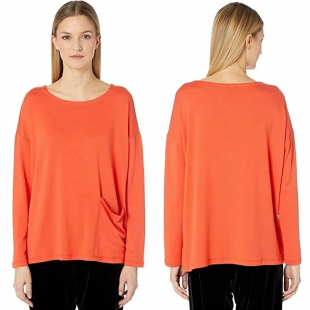 Eileen Fisher Tencel Stretch Terry Patch Pocket Long Sleeve Top Hot Red Orange M - Picture 2 of 15